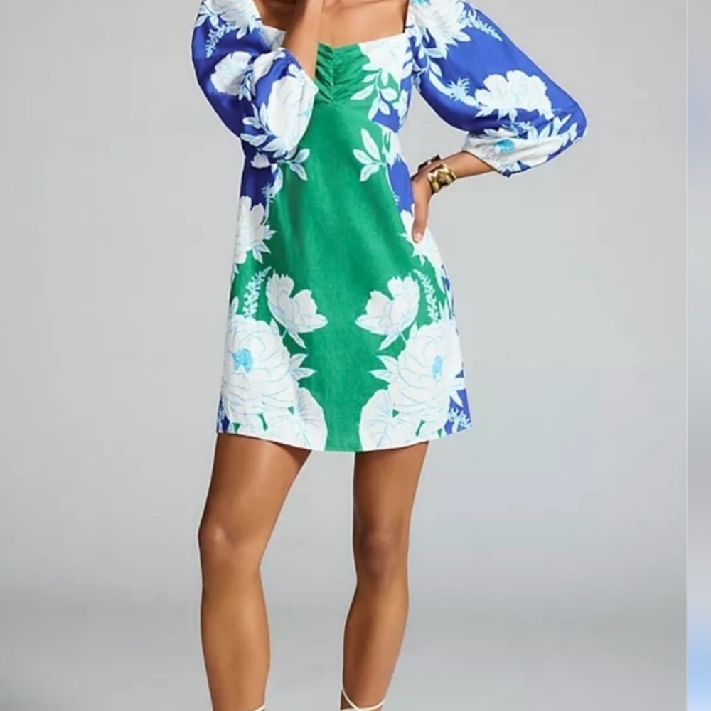 FARM Rio Soft Garden Linen Blend Blue and Green Floral Mini Dress NWT large